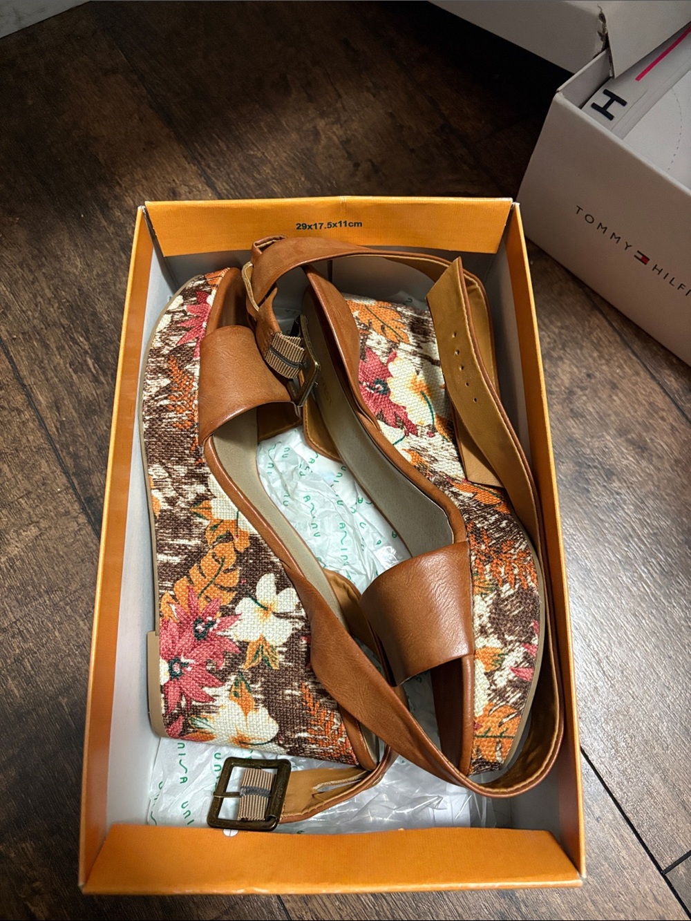 Nine West Tan Leather Floral Print Wedge Sandals
